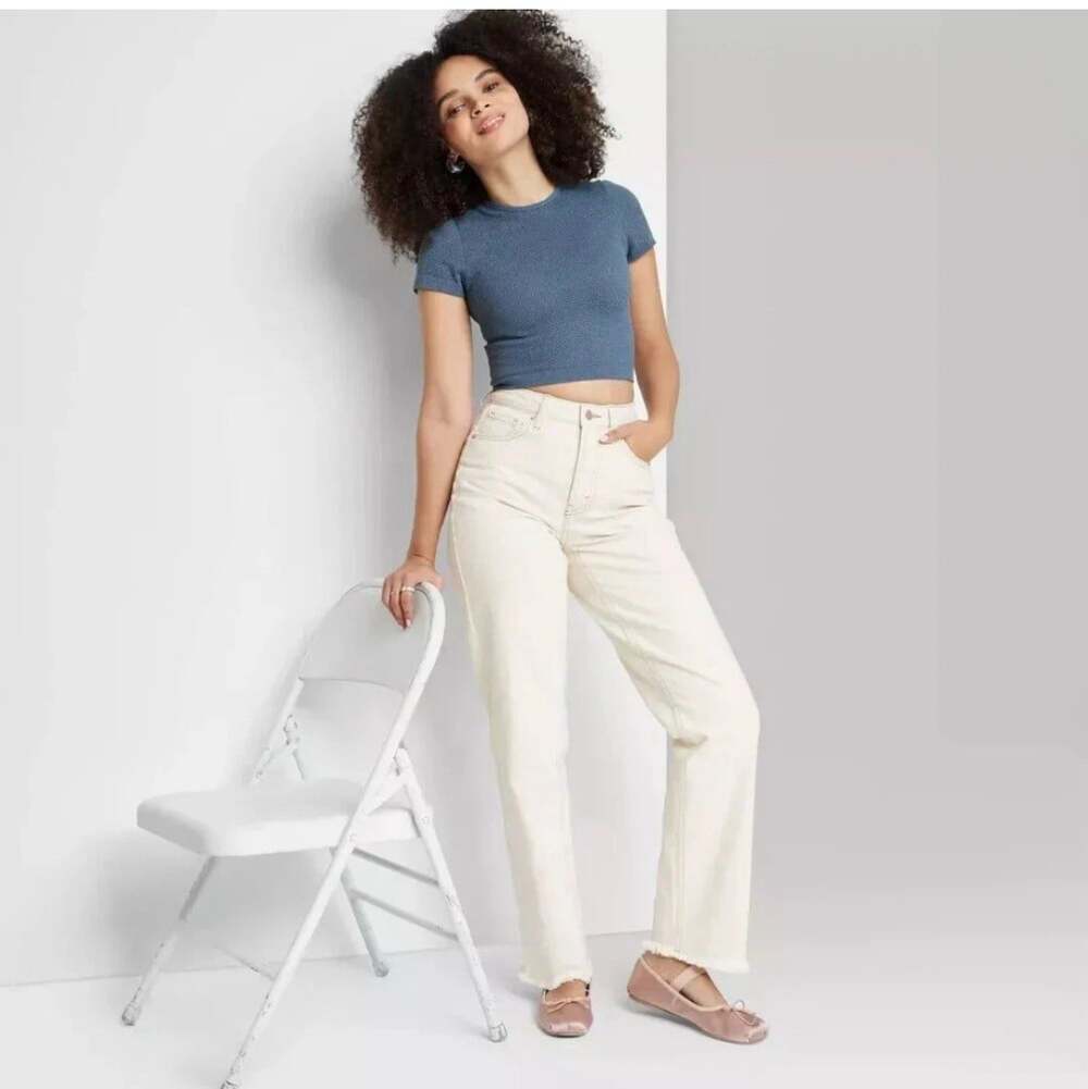 Women’s High-Rise Straight easy Rigid Button Fly Jeans- Wild Table, Sz.00, Cream